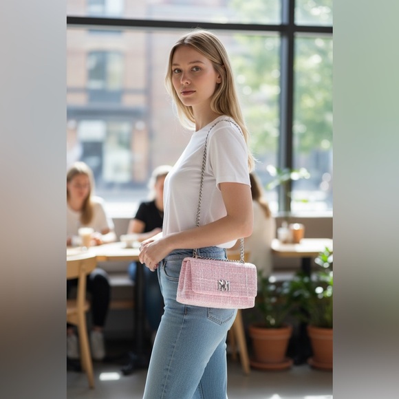 Badgley Mischka pink textured messenger bag with silver chain strap - Picture 2 of 11